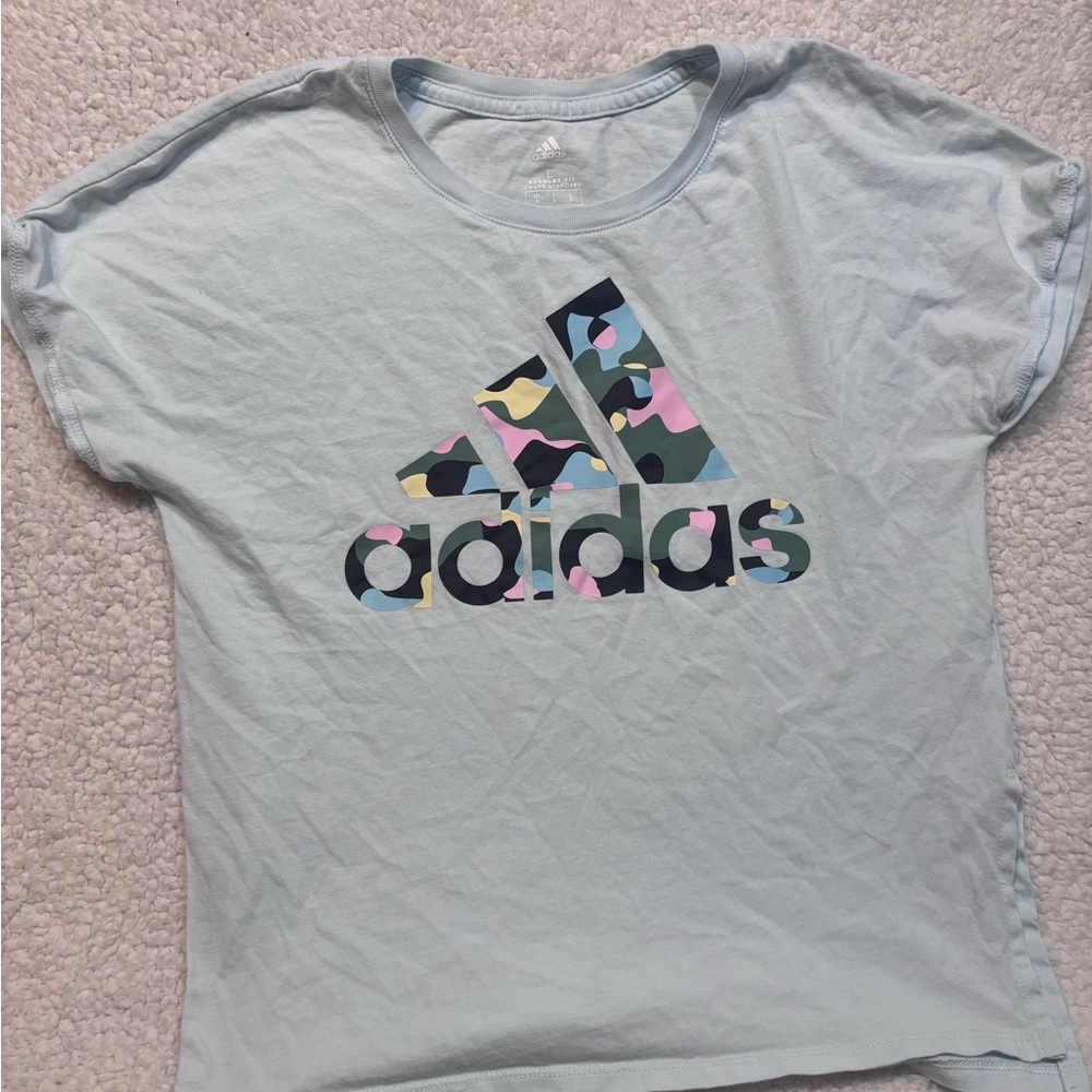 adidas Light Blue Tee with Multicolor Camo Logo